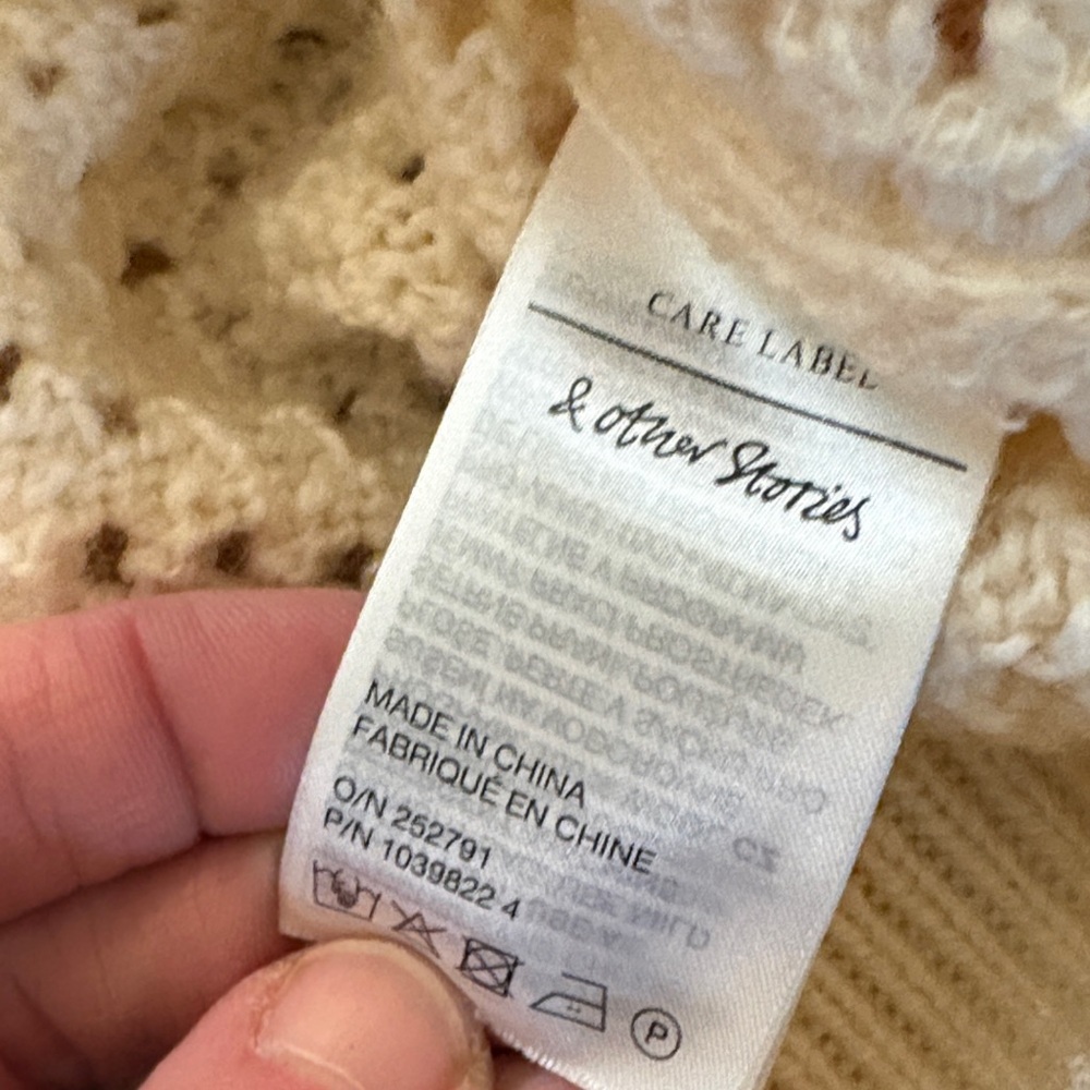 & Other Stories Cream Crochet Crewneck Sweater with Puff Shoulders - Picture 6 of 12